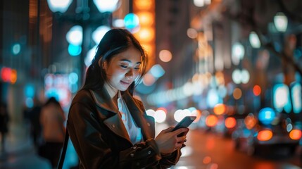 A beautiful woman using her smartphone on a city street at night. Infographics showing productivity, economy, e-commerce, finance, statistics graphs, and stock market data.