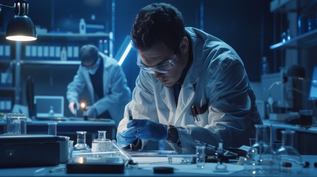 Expert Using Professional Tools and Equipment at Crime Scene: Robbery victim's wallet containing DNA of the criminal. Detective working in the background.