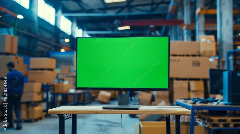 Poster standing desktop computer monitor with a chromakey mock-up display. small business warehouse with wo