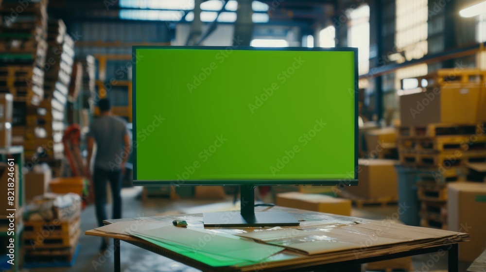 Poster an oversized desktop computer monitor with a green screen mock up display stands on a table with a w