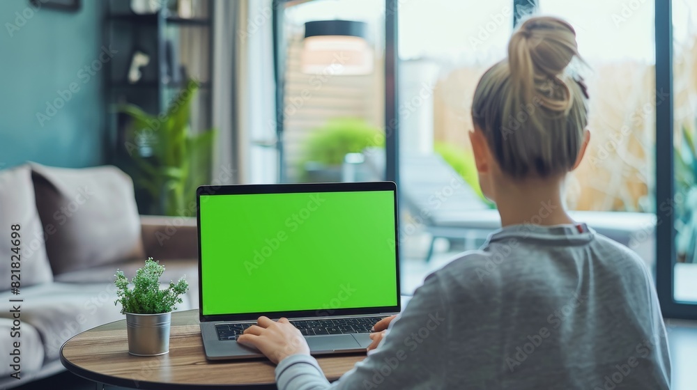 Poster female working on a laptop computer with a green screen mock up display while sitting behind a table