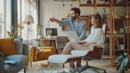 Stylish Modern Lounge Chair Cover Removing by a Carpenter. Business owners high-fiving their colleagues.