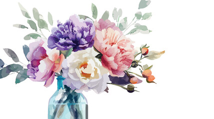 Watercolor floral bouquet purple pink and white peony