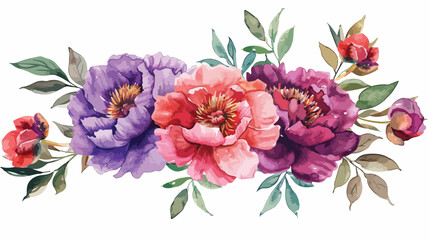 Watercolor floral bouquet purple red pink coral peoni