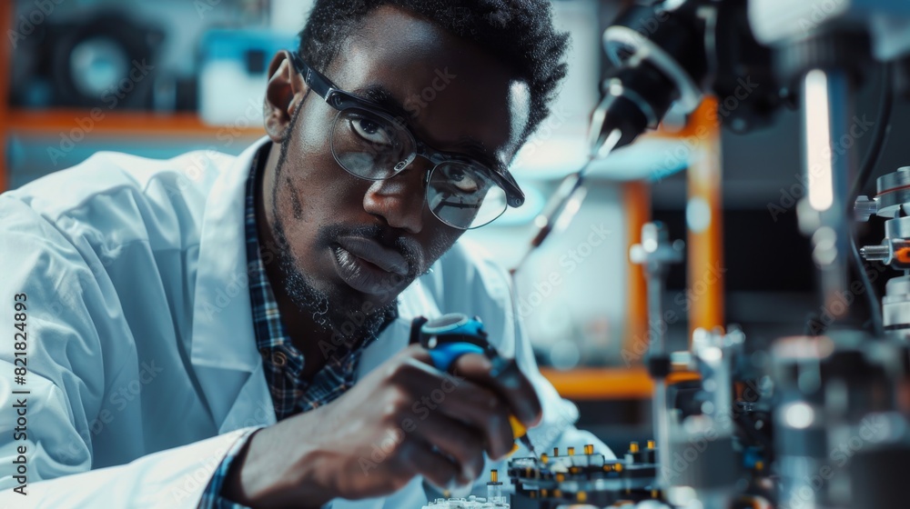 Poster african engineer using a screwdriver while developing a robot dog concept. black specialist working 