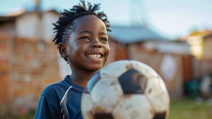 Naklejka premium Young African Boy Practicing Soccer Drills, Dribbling with Old Football Ball, Shooting a Goal, Celebrating with His Friends. A Close Up Portrait of Black Kid Playing with Ball in the Neighborhood.