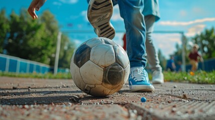 This close up photograph shows a boy stopping a ball with his foot. A soccer match is about to start in a neighborhood pitch between young football players.