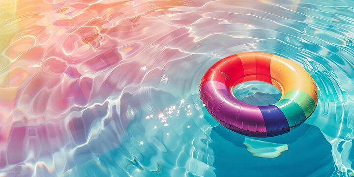 Colorful inflatable ring floating in a clear blue swimming pool with sunlight reflections creating a vibrant and relaxing summer scene.