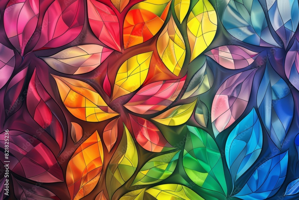 Poster a vibrant abstract background featuring an array of colorful leaves, each leaf rendered in different