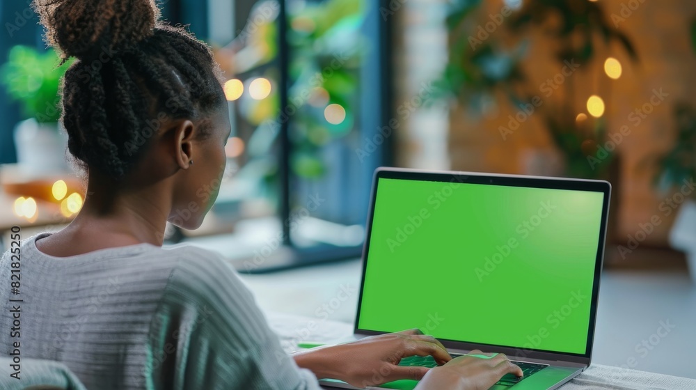 Poster multiethnic female working on laptop computer with green screen mock up display. successful manager 