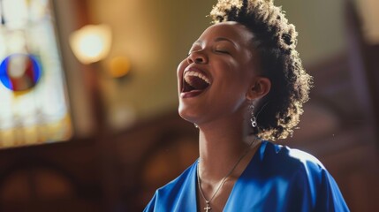 This image is of a cheerful African American woman dressed in a blue robe, singing passionately gospel songs. This black female gospel singer is proud to be spreading love and peace messages in her