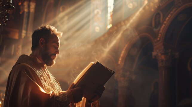 Christian Church: Minister leads congregation in prayer, reads the Bible, Gospel of Jesus to faithful people. Dramatic Cinematic Shot.