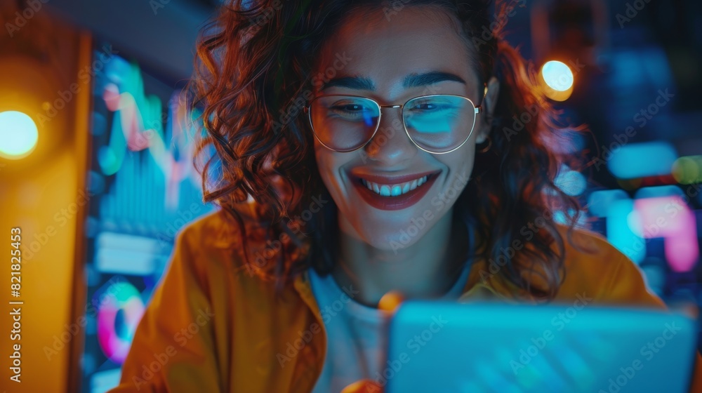 Poster the image shows a happy smiling female using a tablet computer while smiling as she looks at the cam