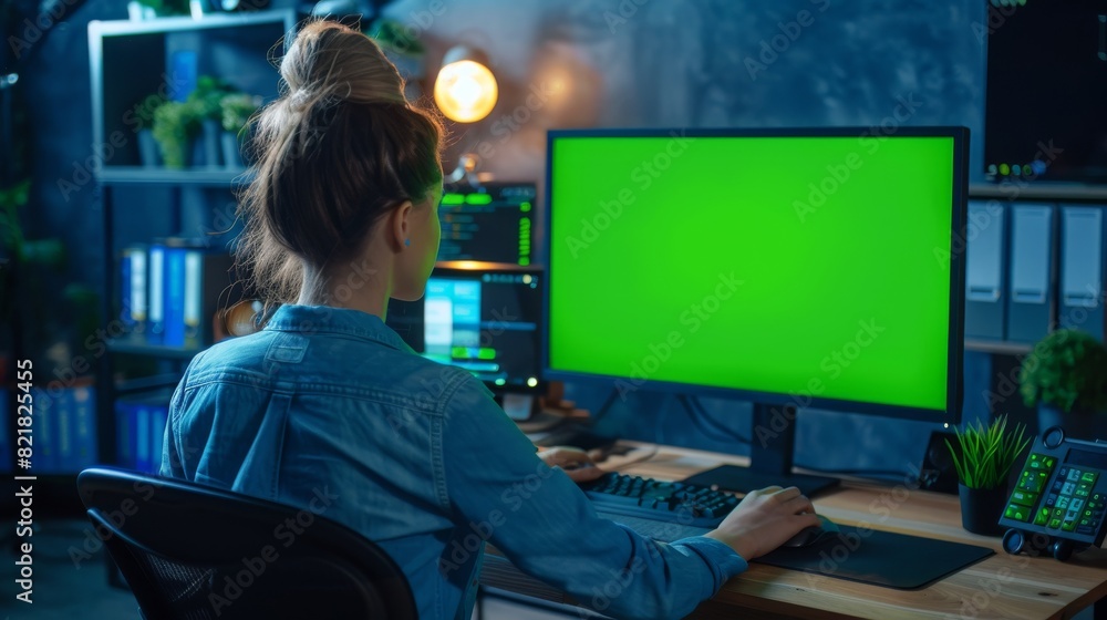 Poster an agency employee working on a desktop computer with a mock-up display of a green screen, typing on