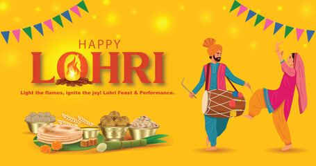 A Sikh man and woman dancing on Lohri Day, enjoying traditional Lohri foods.