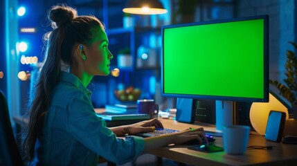 Software Developer Working on a Dedicated Desktop Computer with Green Screen Mock Up Display. Specialist Typing on Keyboard, Coding and Implementing a New Technical Feature.