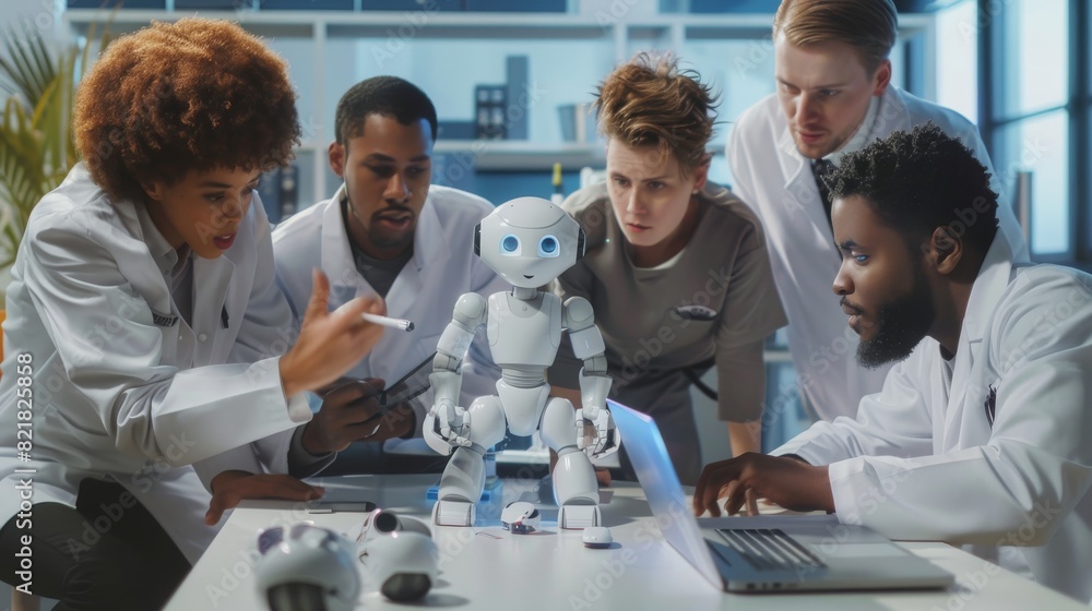 Poster engineers in lab coats discussing a robotic dog using a laptop and tablet with a diverse team of exp