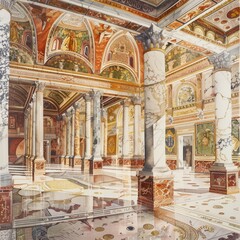 Obraz premium Watercolor painting of an extravagant Rococo-inspired interior with intricate moldings, luxurious fabrics, elaborate furnishings, and decadent, Generative AI