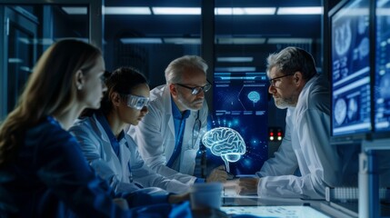 Researchers examining AI-powered VFX projection concept at a meeting of diverse neuroscientists.