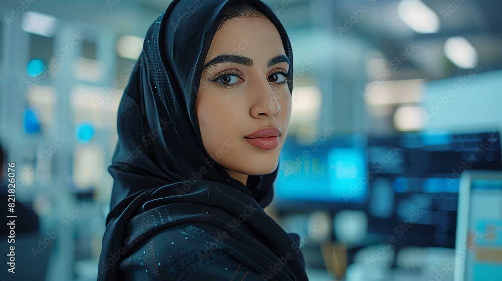 Poster middle eastern software developer working in an innovative internet project for a technology corpora