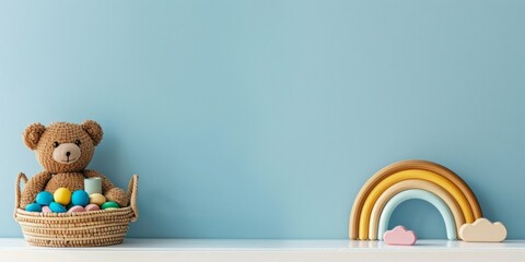 A wooden rainbow toy and a basket of infant toys, including a teddy bear on the left, are arranged on a pastel blue backdrop in a simple, minimalistic layout.