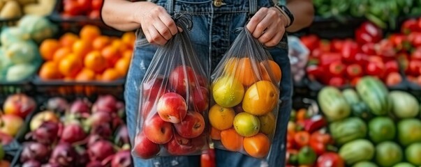 A shopper using cloth or mesh bags for fruits and vegetables instead of plastic bags, highlighting...