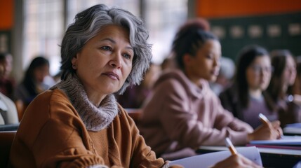 Diverse mature students learning in classes, reading textbooks and writing in notebooks as part of an adult education course in school.