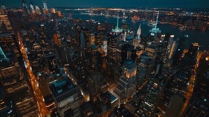 Cityscape of Manhattan from the sky with dazzling landmarks, skyscrapers, and residential buildings. View of Manhattan from a helicopter.