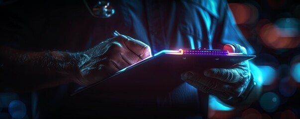 Close-up of a professional using a stylus on a digital tablet with neon lights, symbolizing technology in modern professions. - Powered by Adobe
