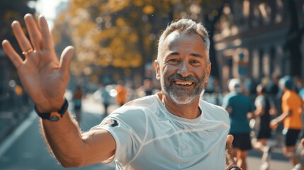 A smiling middle-aged male runner celebrates crossing the finish line of a race while waving to his supportive audience.