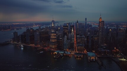 Obraz premium Aerial view of New York City from the air. Aerial view of New York City at night with famous Manhattan areas, business districts, and architecture.