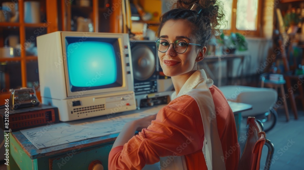 Poster women starting an innovative startup company in the nineties. a latina software engineer programming