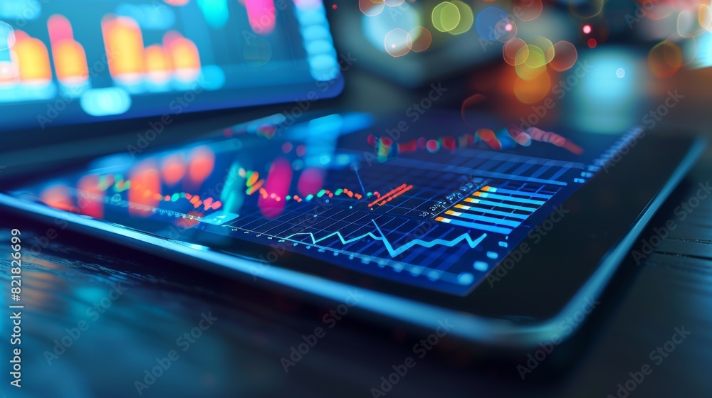 Poster view of a stock market analytics screen with real-time graphs and reports. stock exchange software t