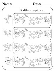 Koala Puzzle. Printable Activity Page for Kids. Educational Resources for School for Kids. Kids Activity Worksheet. Find Similar Shape