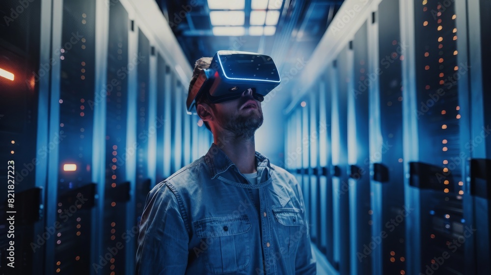 Poster he wirelessly interacts with rack servers while wearing a virtual reality headset.