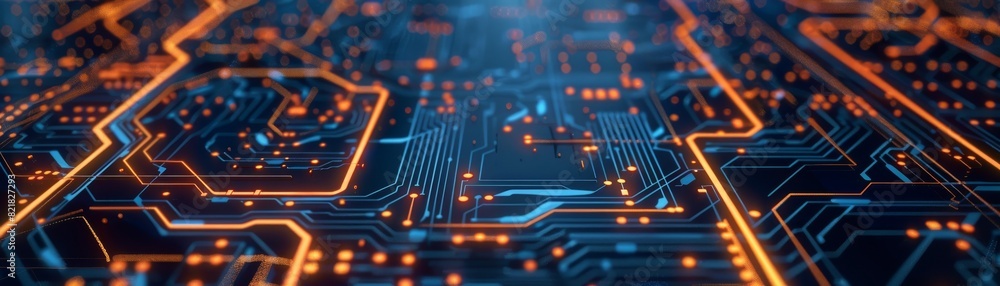 Poster background of a printed circuit board made of different elements. digital wallpaper with depth of fi