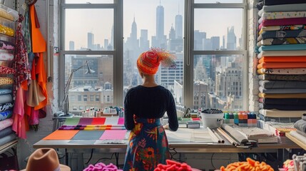 Artistic Milliner in a Loft-Style Studio Surrounded by Vibrant Felt and Silk Materials, Overlooking the City Skyline