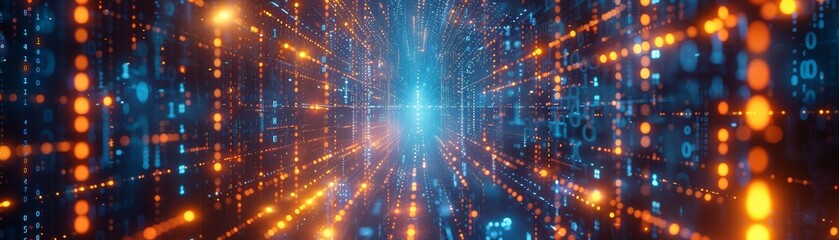 Fototapeta premium 3D rendering of a network of digital binary codes conveying connectivity, complexity, and data flood in the digital age