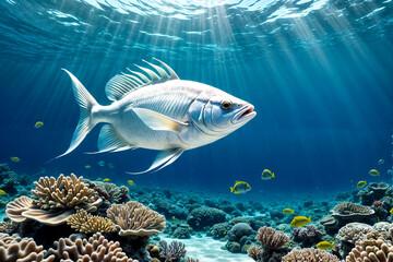 White fish swimming in blue ocean water tropical under water. Scuba diving adventure in Maldives....