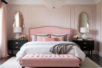 Classic Bedroom Design With Suede Light Pink Headboard