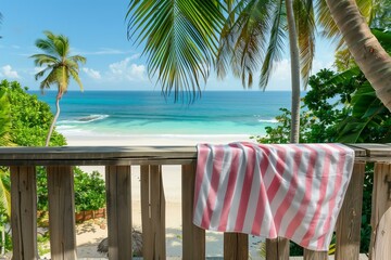 beach towels with vibrant pink and white stripes print hanging over wooden terrace railing with palm trees on a scenic beach background