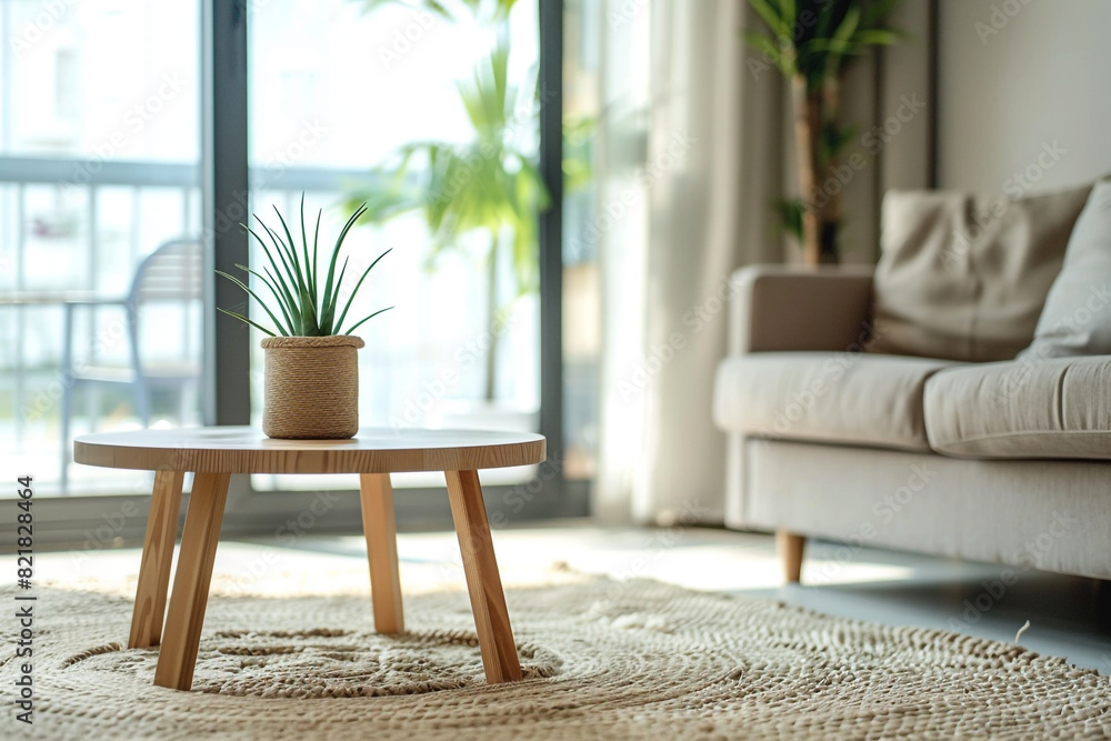 Poster sofa with coffee table by window in living room folding portable stool is kept on carpet at home int