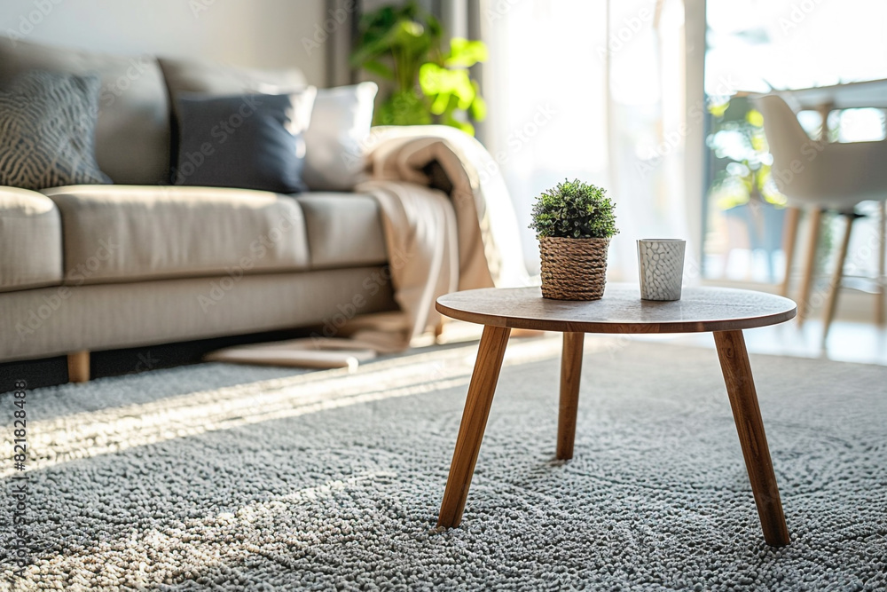 Poster sofa with coffee table by window in living room folding portable stool is kept on carpet at home int