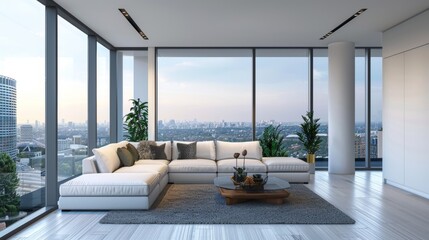 Fototapeta premium White walled living room with panoramic window and white walls