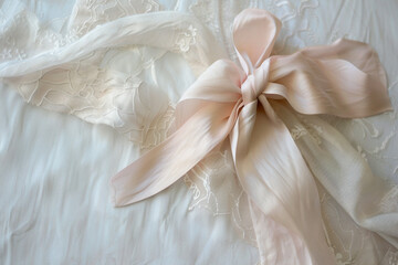 Soft pink ribbon tied in a perfect bow, delicate texture detail, on a white background innocence and charm 