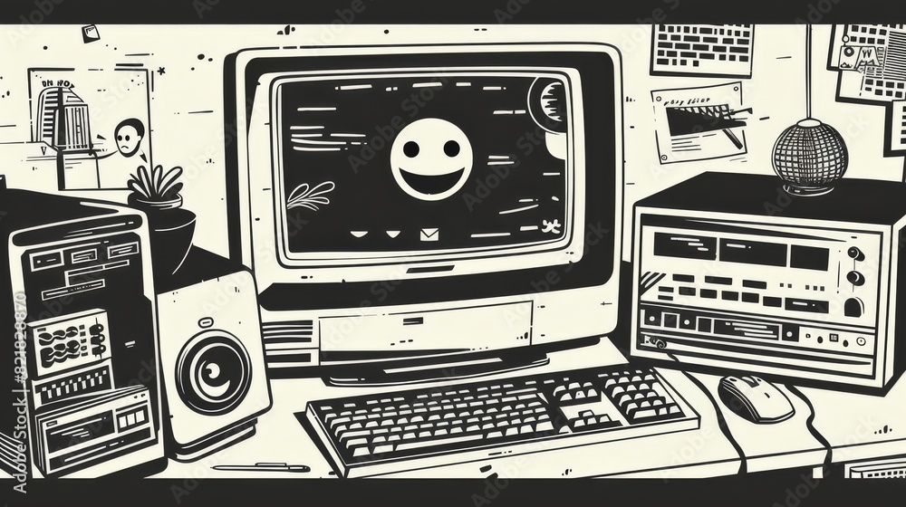 Poster an illustration of a retroweb browser in vaporwave style with smiley face hipster stickers. a retrow