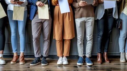 An array of people wearing smart casual clothing wait in line to interview for a job or schedule an appointment at a recruitment agency, holding paper documents, CVs, resumes, laptops, and