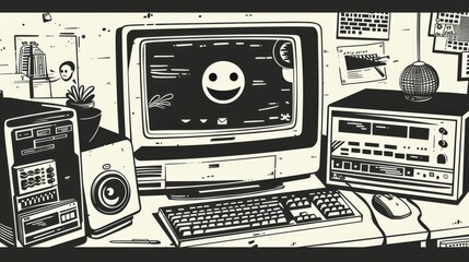 Obraz premium An illustration of a retroweb browser in vaporwave style with smiley face hipster stickers. A retrowave PC desktop with popup messages and user interface elements.