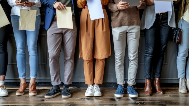 An array of people wearing smart casual clothing wait in line to interview for a job or schedule an appointment at a recruitment agency, holding paper documents, CVs, resumes, laptops, and