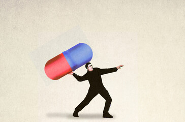 Man throwing medical capsule over white background  